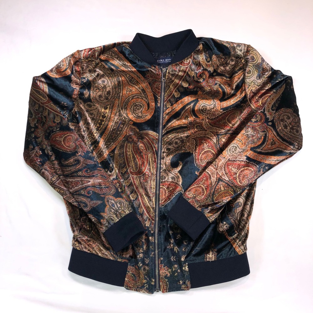 Zara Man Relaxed Fit Paisley Bomber Jacket Multi Color Full Zip Mens Medium